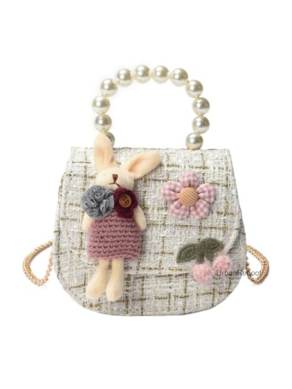 Girls Crossbody Purse Tweed PU Leather Rabbit Handbag Adjustable Strap